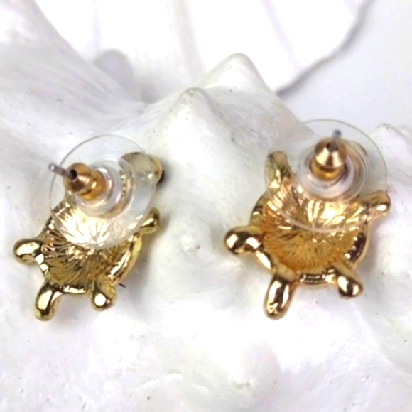 Super Sparkly Rhinestone Studded Gold Tone Turtle Stud Earrings - Picture 3 of 6